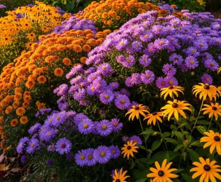Fleurs d'automne, massif asters chrysanthèmes, jardin coloré