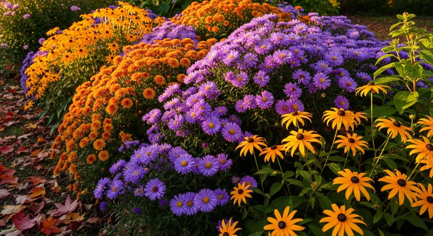 Fleurs d'automne, massif asters chrysanthèmes, jardin coloré