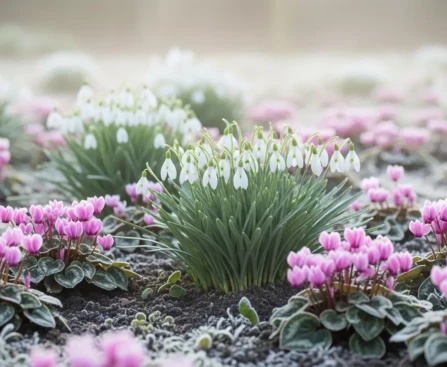 Fleurs d'hiver perce-neige et cyclamens dans un jardin sous lumière hivernale douce