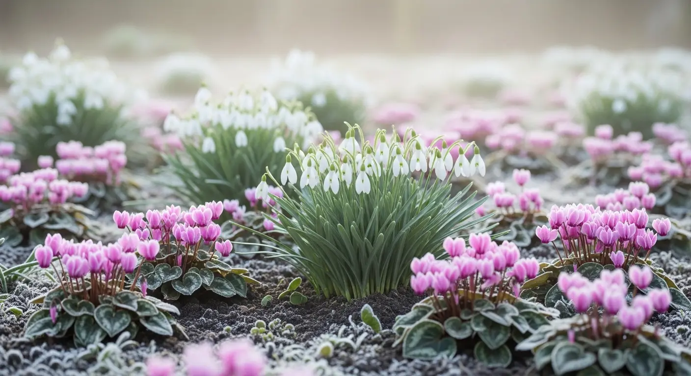 Fleurs d'hiver perce-neige et cyclamens dans un jardin sous lumière hivernale douce
