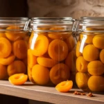 Bocaux en verre de fruits au sirop maison alignés sur une étagère en bois dans un cellier