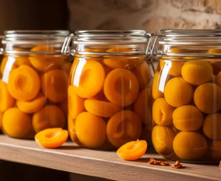 Bocaux en verre de fruits au sirop maison alignés sur une étagère en bois dans un cellier