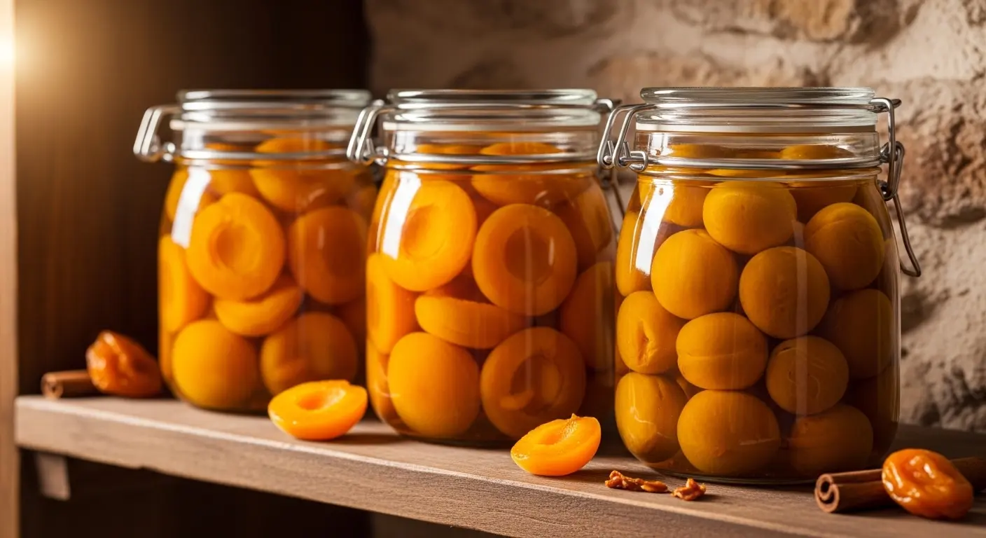 Bocaux en verre de fruits au sirop maison alignés sur une étagère en bois dans un cellier