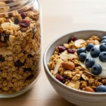 Bocal en verre rempli de granola maison aux fruits secs, bol de granola avec yaourt et myrtilles