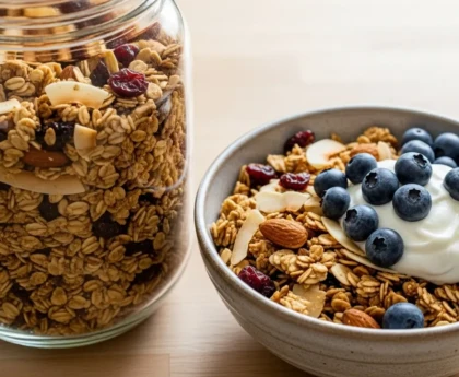 Bocal en verre rempli de granola maison aux fruits secs, bol de granola avec yaourt et myrtilles