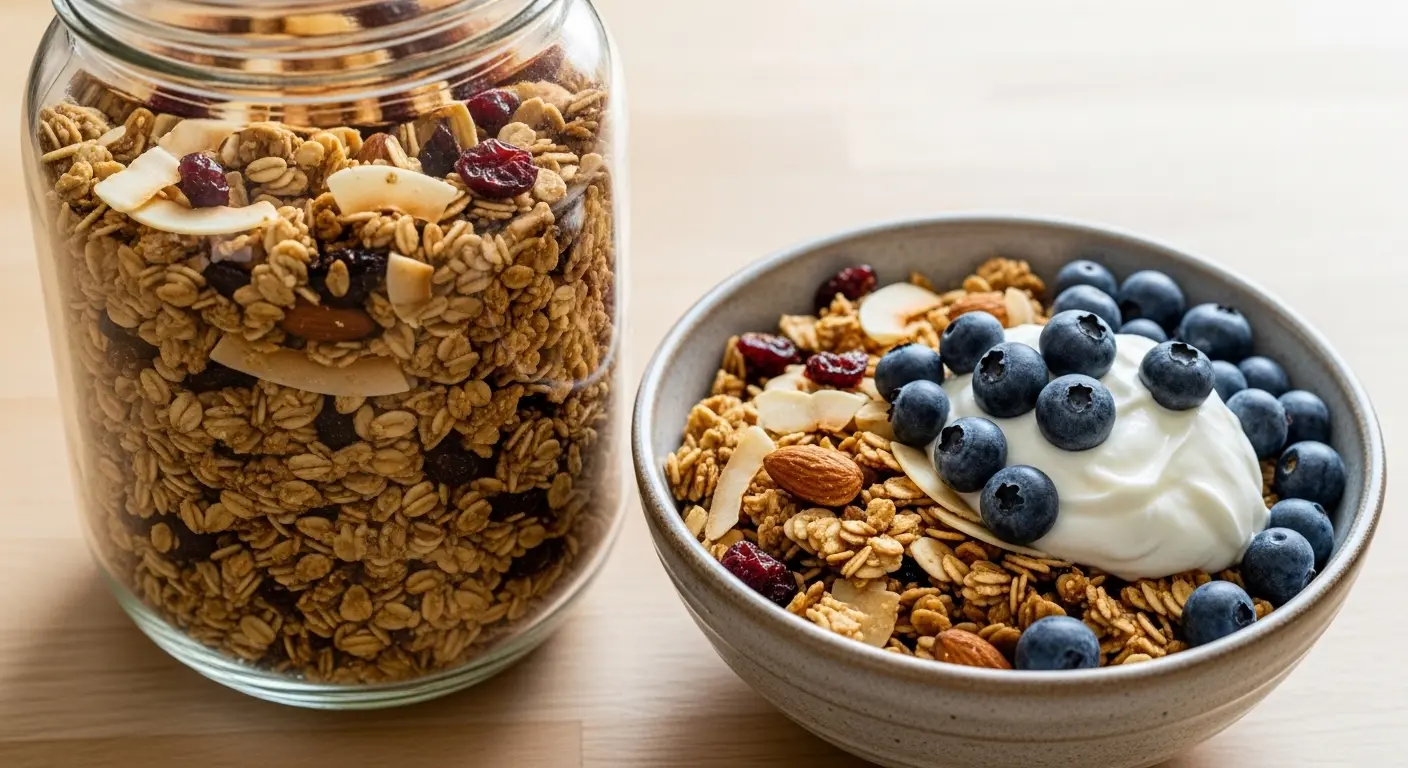 Bocal en verre rempli de granola maison aux fruits secs, bol de granola avec yaourt et myrtilles