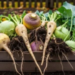 Légumes anciens au potager, panais et rutabaga fraîchement récoltés dans une caisse en bois