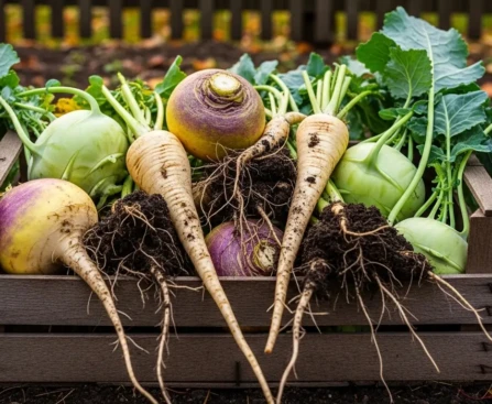 Légumes anciens au potager, panais et rutabaga fraîchement récoltés dans une caisse en bois