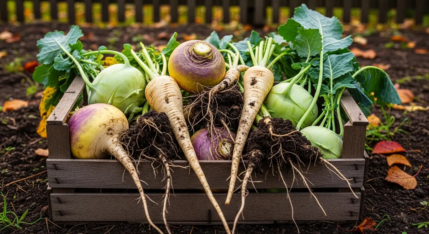 Légumes anciens au potager, panais et rutabaga fraîchement récoltés dans une caisse en bois