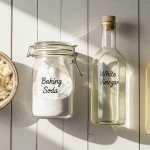 Ingrédients pour fabriquer une lessive maison zéro déchet : copeaux de savon de Marseille, bicarbonate et vinaigre blanc