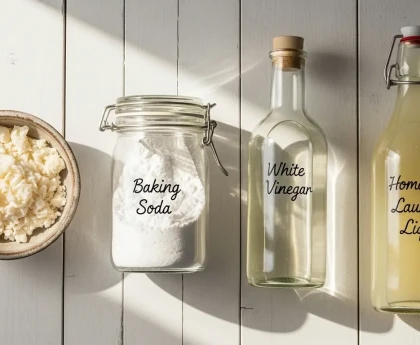 Ingrédients pour fabriquer une lessive maison zéro déchet : copeaux de savon de Marseille, bicarbonate et vinaigre blanc