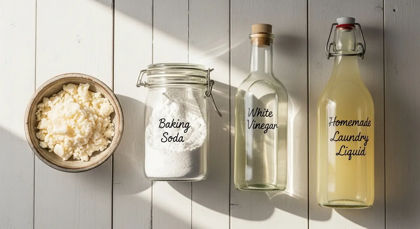 Ingrédients pour fabriquer une lessive maison zéro déchet : copeaux de savon de Marseille, bicarbonate et vinaigre blanc