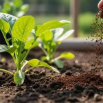Marc de café séché épandu au pied d'une plante dans un potager