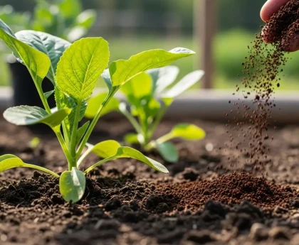 Marc de café séché épandu au pied d'une plante dans un potager