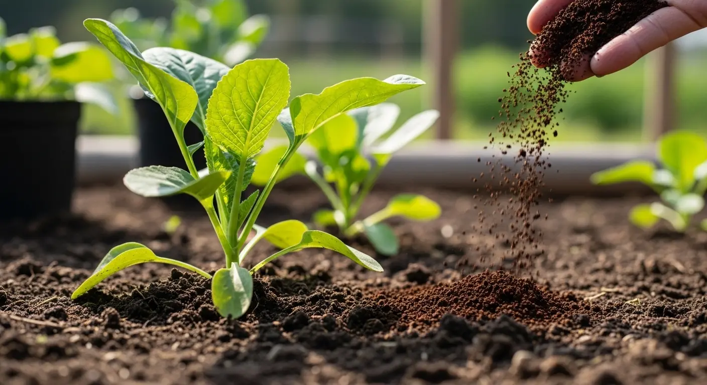 Marc de café séché épandu au pied d'une plante dans un potager