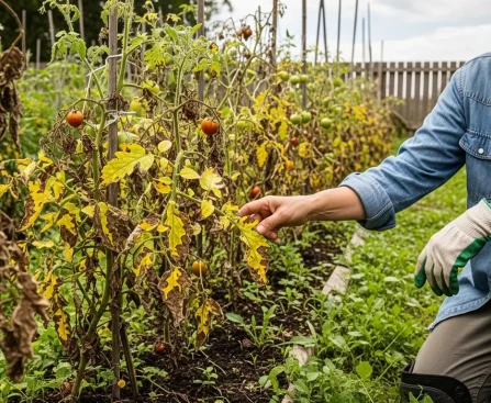 Sol de potager paillé avec de la paille après une attaque de mildiou sur les tomates