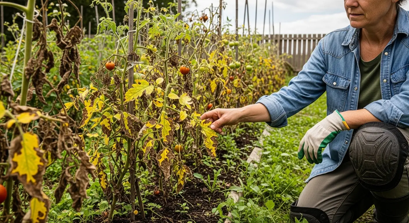 Sol de potager paillé avec de la paille après une attaque de mildiou sur les tomates