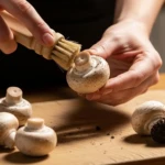 Nettoyage de champignons frais avec une brosse sur une planche en bois, sans eau