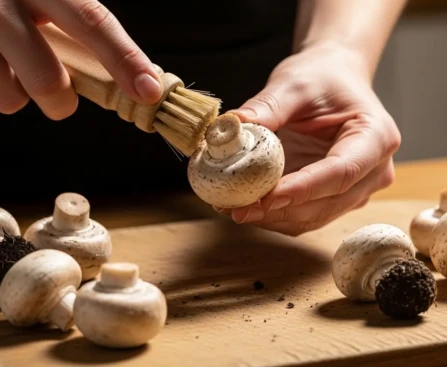 Nettoyage de champignons frais avec une brosse sur une planche en bois, sans eau