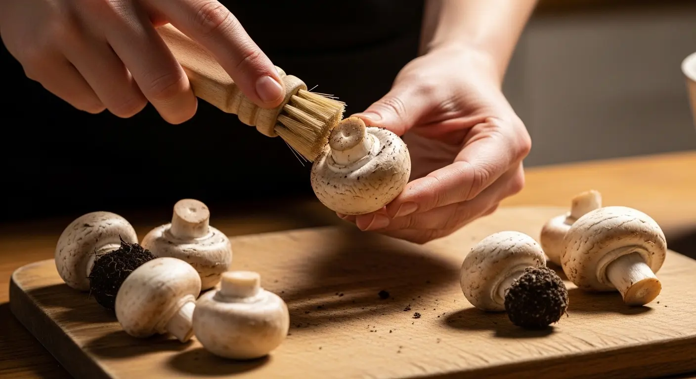 Nettoyage de champignons frais avec une brosse sur une planche en bois, sans eau