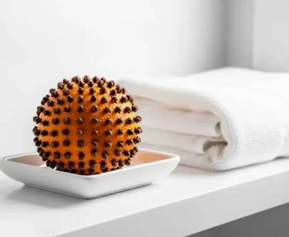 Orange piquée de clous de girofle dans une coupelle blanche, désodorisant naturel pour les toilettes