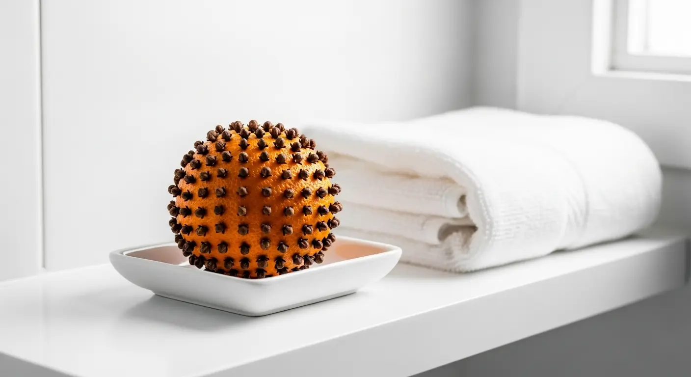 Orange piquée de clous de girofle dans une coupelle blanche, désodorisant naturel pour les toilettes