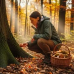 Cueilleur cherchant des champignons au pied des arbres en forêt avec un panier en osier