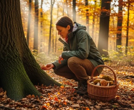 Cueilleur cherchant des champignons au pied des arbres en forêt avec un panier en osier