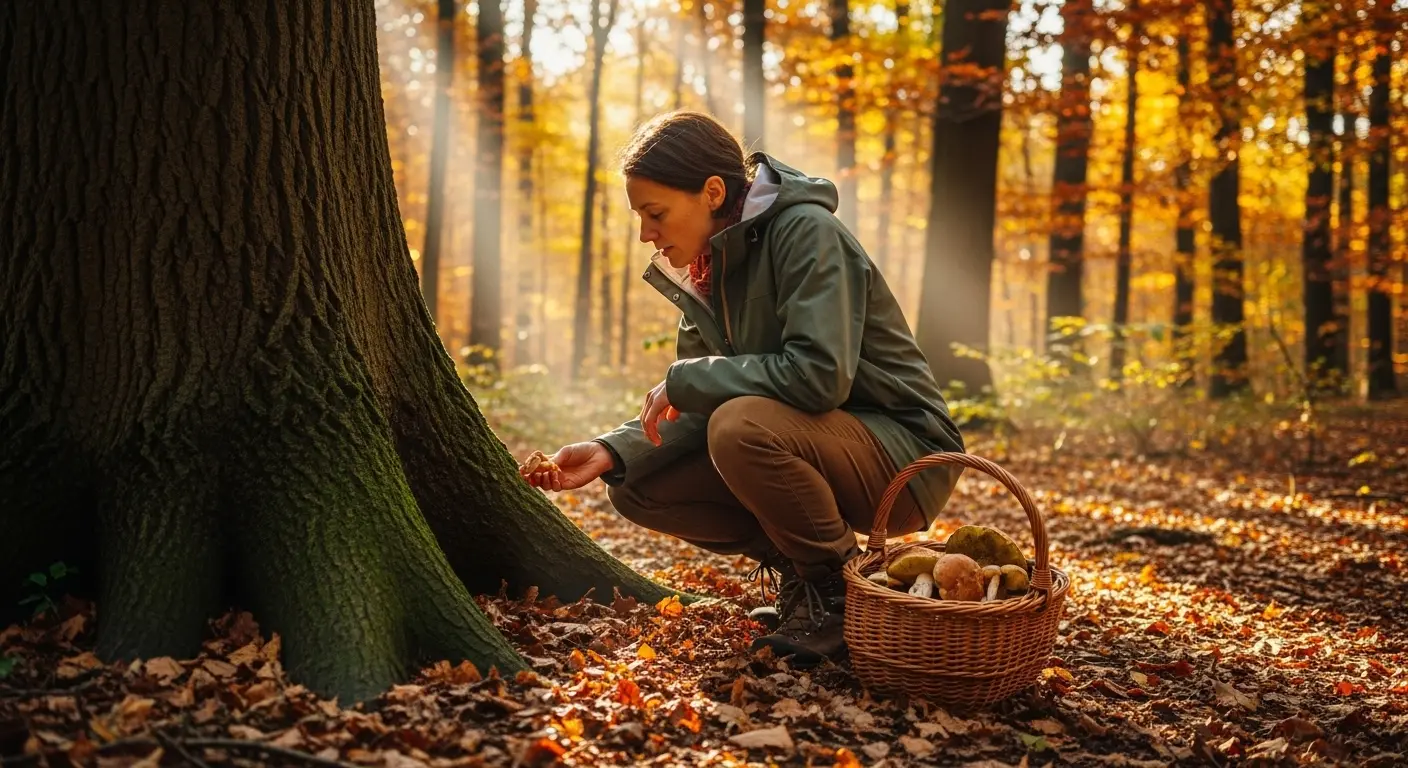 Cueilleur cherchant des champignons au pied des arbres en forêt avec un panier en osier