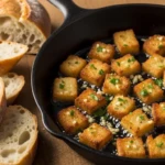 Croûtons dorés de pain rassis dans une poêle en fonte avec huile d'olive, ail et persil