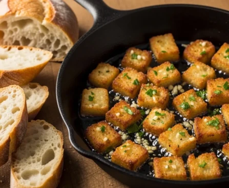 Croûtons dorés de pain rassis dans une poêle en fonte avec huile d'olive, ail et persil