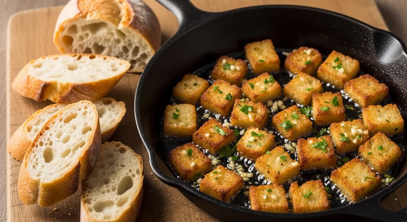 Croûtons dorés de pain rassis dans une poêle en fonte avec huile d'olive, ail et persil