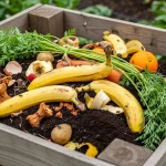 Morceaux de peau de banane enfouis au pied d'un plant de tomates dans un potager