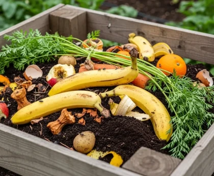 Morceaux de peau de banane enfouis au pied d'un plant de tomates dans un potager
