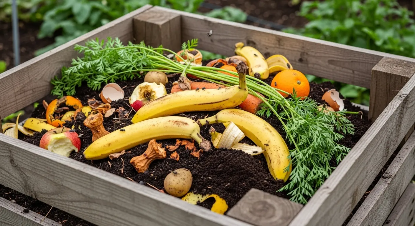 Morceaux de peau de banane enfouis au pied d'un plant de tomates dans un potager