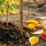 Plantation d'un arbre fruitier en automne avec tuteur en bois dans un jardin