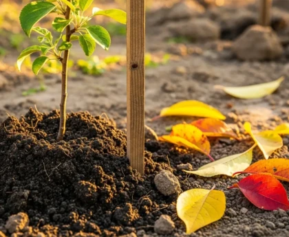 Plantation d'un arbre fruitier en automne avec tuteur en bois dans un jardin