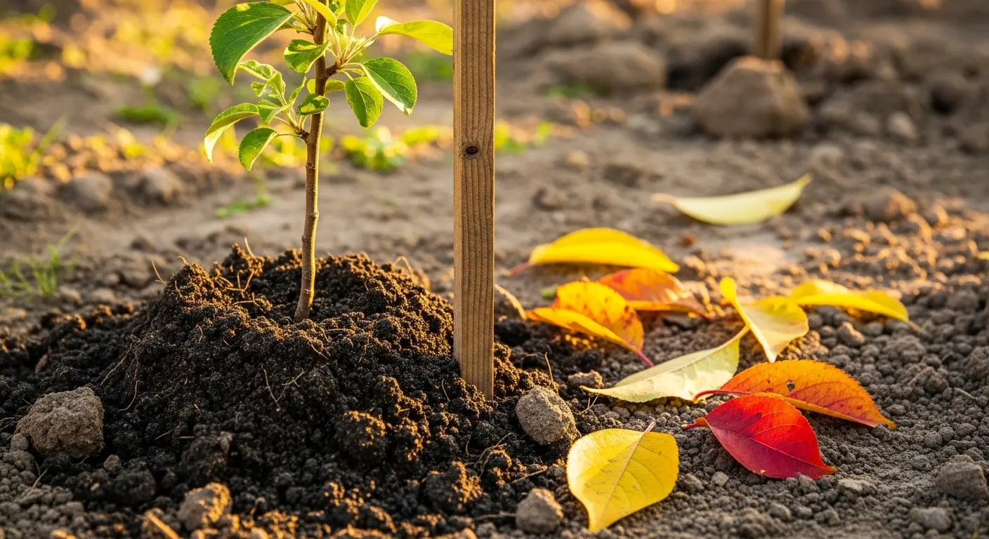 Plantation d'un arbre fruitier en automne avec tuteur en bois dans un jardin