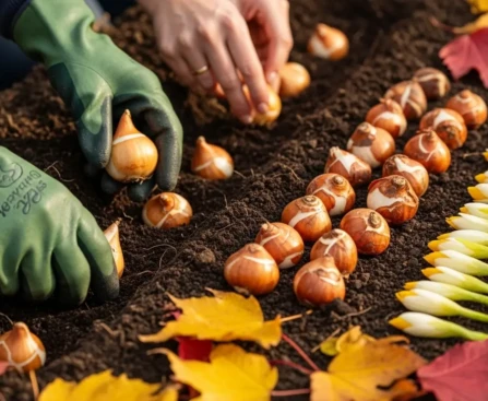 Planter des bulbes en automne. Tulipes dans une tranchée de jardin en automne, sol meuble