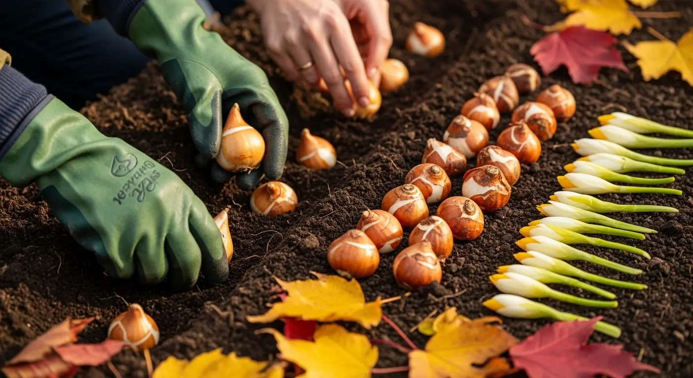 Planter des bulbes en automne. Tulipes dans une tranchée de jardin en automne, sol meuble