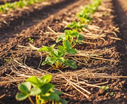 Rang de fraisiers plantés en automne avec paillage de paille dans un potager