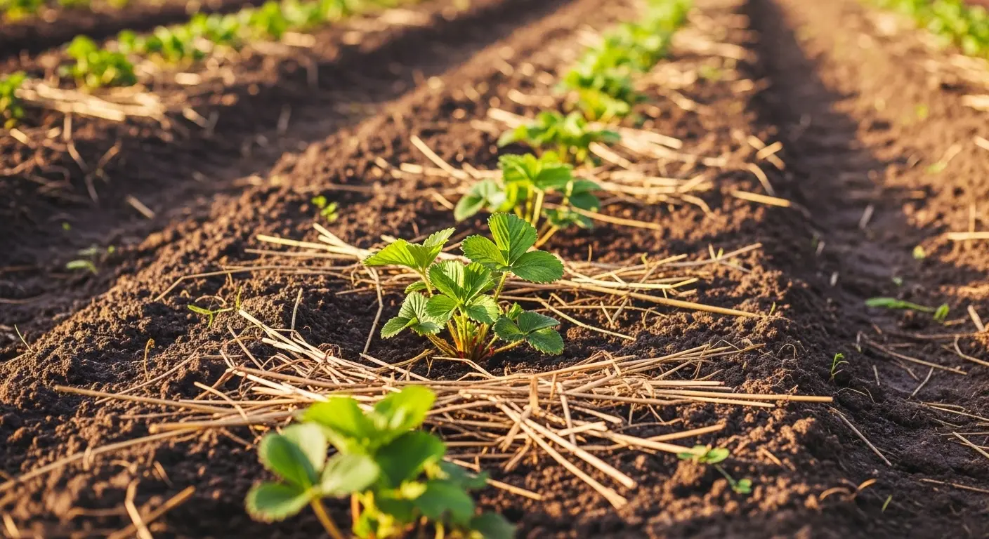 Rang de fraisiers plantés en automne avec paillage de paille dans un potager