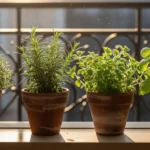 Plantes aromatiques d'automne en pots sur un balcon ensoleillé, thym et romarin