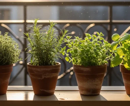 Plantes aromatiques d'automne en pots sur un balcon ensoleillé, thym et romarin