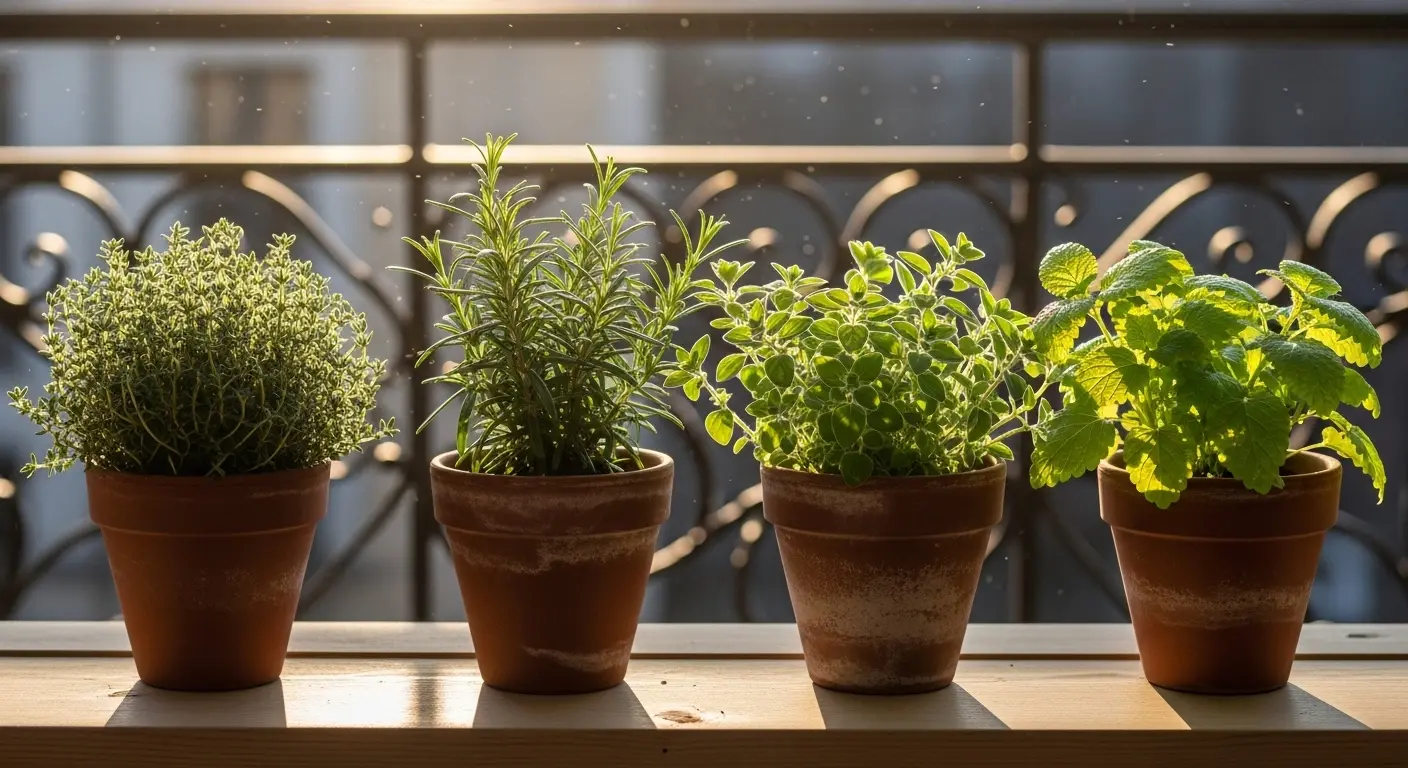 Plantes aromatiques d'automne en pots sur un balcon ensoleillé, thym et romarin
