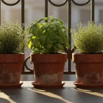 Rangée de pots de plantes aromatiques sur un balcon ensoleillé avec basilic, thym et romarin