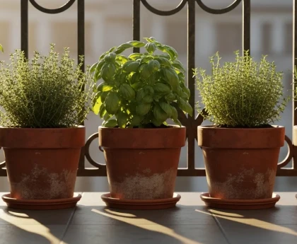 Rangée de pots de plantes aromatiques sur un balcon ensoleillé avec basilic, thym et romarin