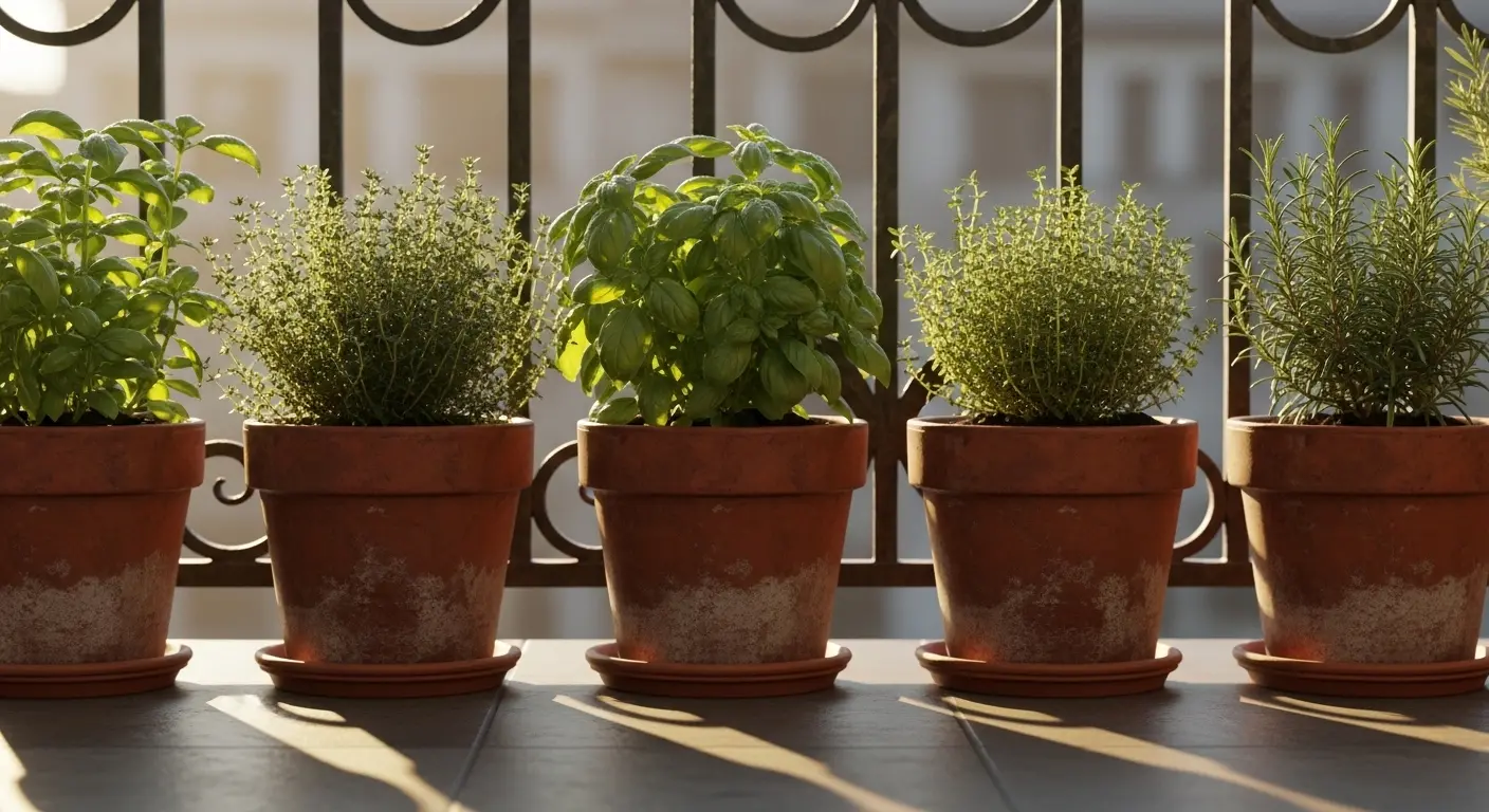 Rangée de pots de plantes aromatiques sur un balcon ensoleillé avec basilic, thym et romarin