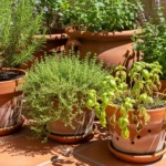 Pots de plantes aromatiques sur une terrasse ensoleillée, certains en bonne santé, d'autres en difficulté