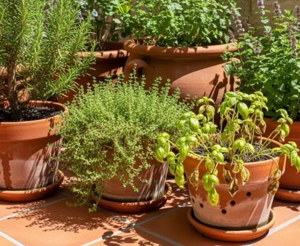 Pots de plantes aromatiques sur une terrasse ensoleillée, certains en bonne santé, d'autres en difficulté